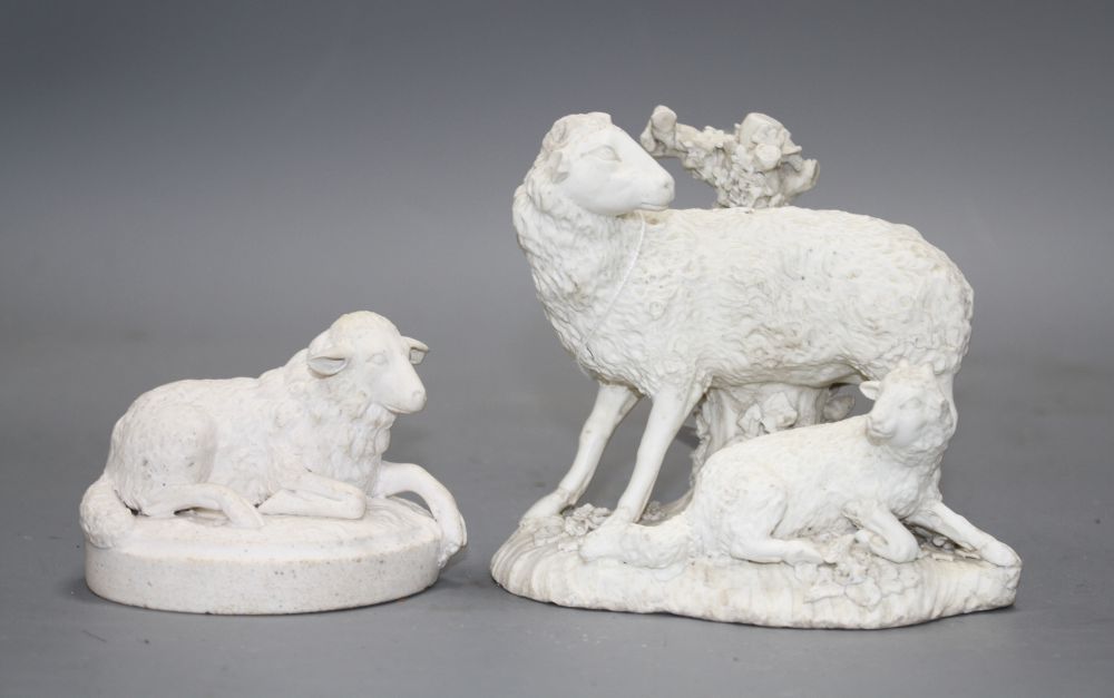 A Derby biscuit porcelain group of a ewe and lamb, late 18th century and a similar figure a recumbent ewe, c.1810-30, H. 11 and 6.5cm